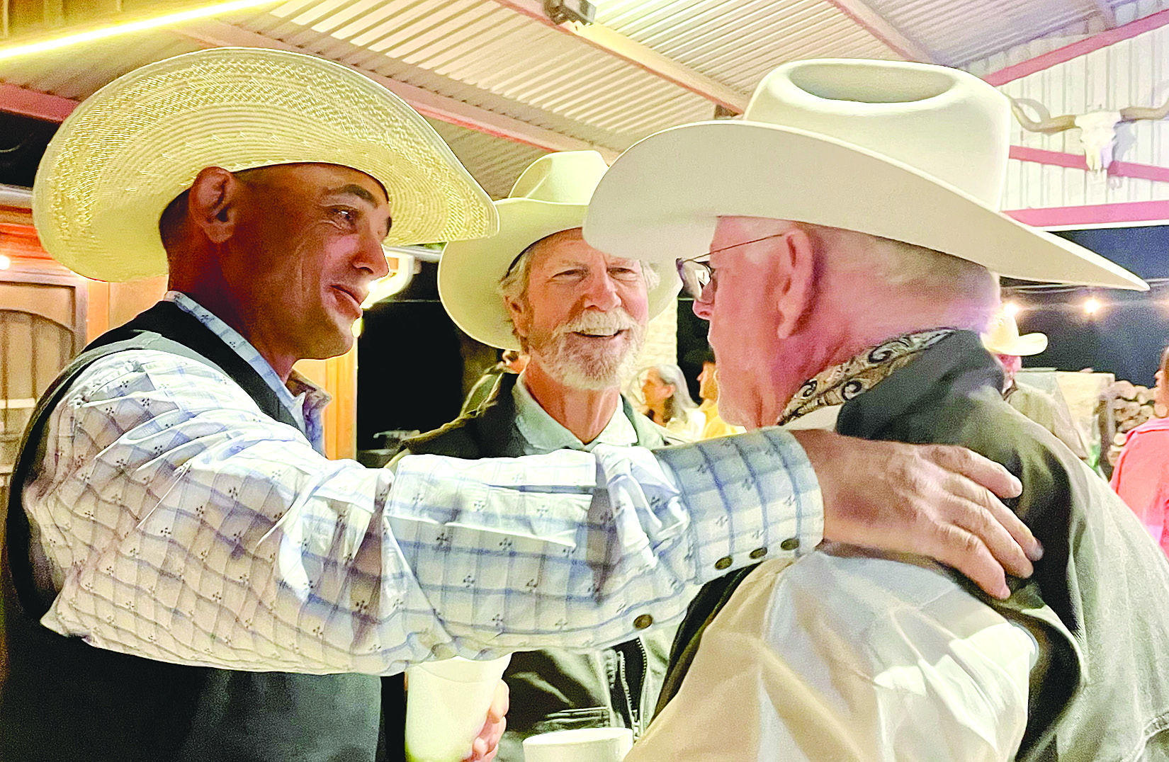 Friends of Fort Griffin patrons (l-r) Callan Wills, Steve Waller, and Jimbo Calhoun visit during the 2023 Gala fundraiser held last Saturday night at Collins Creek Ranch. The annual event supports projects at Fort Griffin State Historic Site. Courtesy Photo