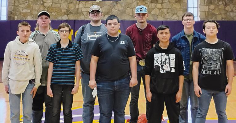 Moran athletes named to the first and second team and honorable mention all-district football lists include (front, l-r) Jason Burge, Dylan Herod, Miguel Rodriguez, Ethan Boykin, Zeke Henson, (back) Cotten Campbell, Sam Stanley, Garrett Hamilton, and Ellis Hise. PHOTO PROVIDED BY MORAN SCHOOL