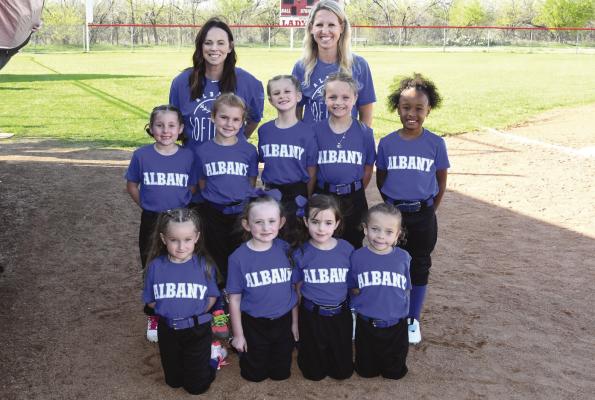 6U BLUE SOFTBALL – (front, l-r) Adalyn Sullivan, Reese Parsons, Shayla Knight, Kaelyn Minor, (middle) Hattie Rankin, Ava Reid, Gracie Rogers, Poppy Tidwell, Kamdyn Height, (back) coaches Chelsea Parsons, Robbyn Reid