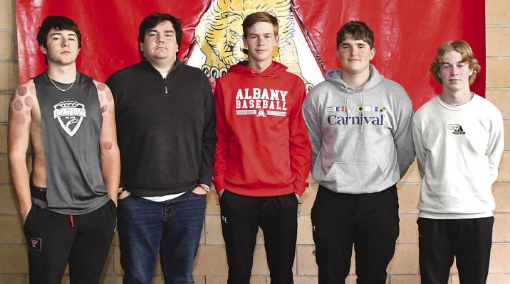 Lions earning district superlative honors include (l-r) Chip Chambers as Offensive MVP, Landon Balliew as Offensive Lineman of the Year, Clay Chapman as Offensive Newcomer of the Year, Bennett Neece as Defensive Newcomer of the Year, and Branson Beal as District MVP. Donnie Lucas / Albany News