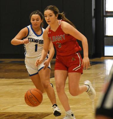 Lady Lions junior Madi Parrott drives down the court during Albany’s 26-63 loss to the Stamford Lady Bulldogs. PHOTOS - LAUREN PEACOCK